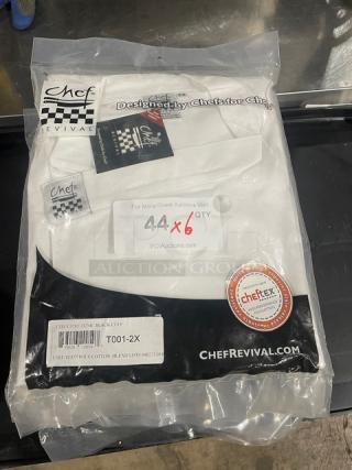 Brand new Chef Revival chef's tunic, 2XX size, in sealed packaging. Includes label T001-2X.