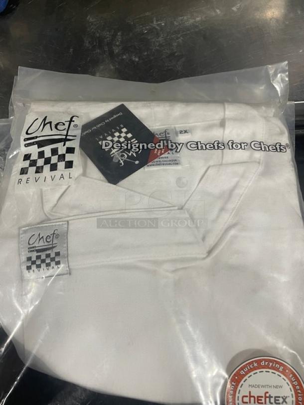 Brand new Chef Revival chef's tunic in 2X, with Chefs for Chefs branding, packaged, featuring quick-dry fabric.