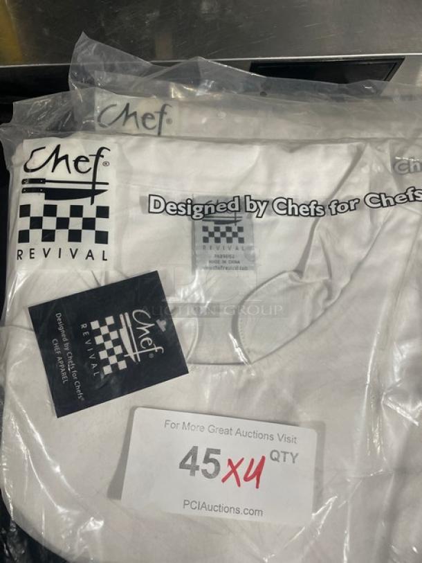 Brand new Chef Revival Ladies Knife & Steel Chef Jacket in packaging, size 4X. Features branding and tags indicating "Designed by Chefs for Chefs."