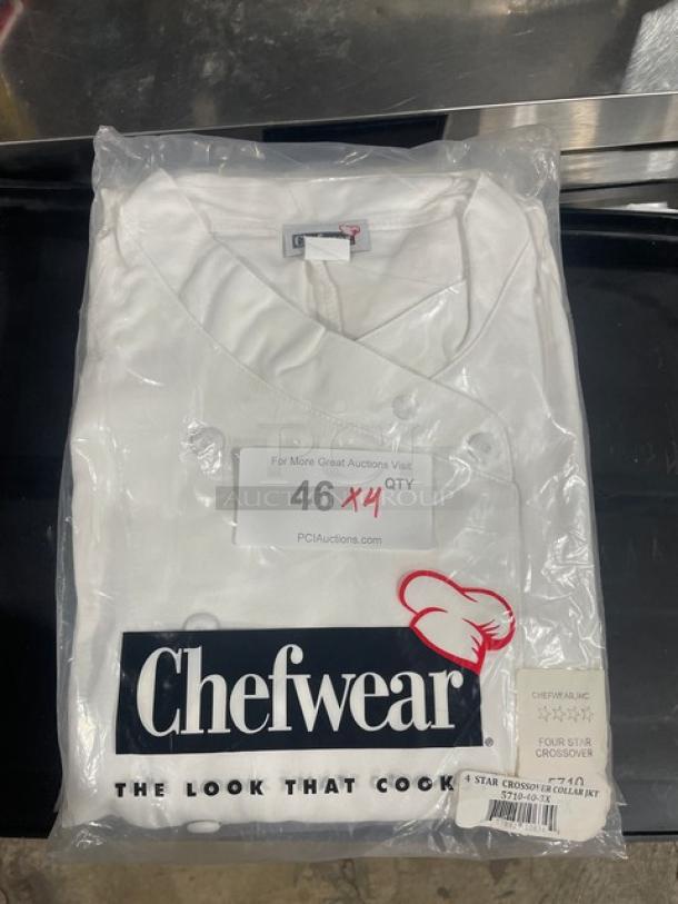 Brand new Chef Wear 4 Star Crossover Chef Collar Jacket, white, packaged. Label indicates size and style.