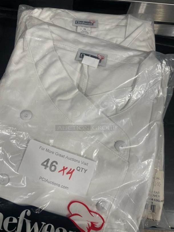 Brand new Chef Wear 4 Star Crossover Chef Collar Jacket in packaging. Includes four jackets. Tags display brand and auction info.
