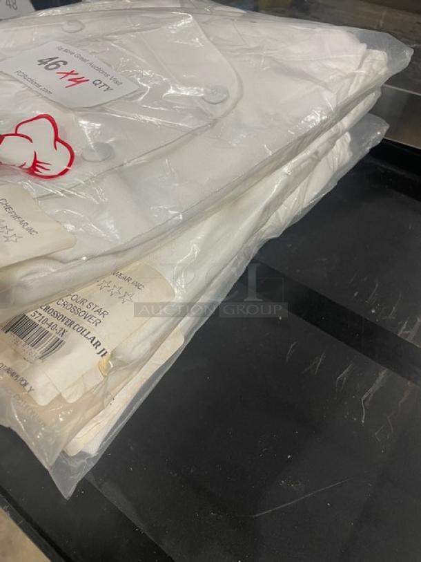 Brand new Chef Wear 4 Star crossover chef collar jacket in packaging. Size 46 1/4. Multiple jackets included.