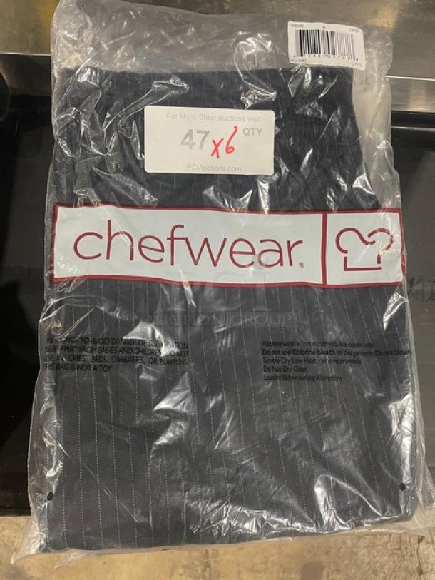 Brand new Chefwear chef pants in packaging, pinstripe design, includes 7 pairs per bid, size marked as 47 x 6 qty.
