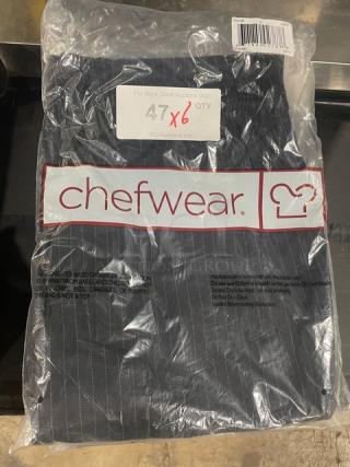 Brand new Chefwear chef pants in packaging, pinstripe design, includes 7 pairs per bid, size marked as 47 x 6 qty.