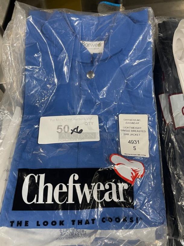 Brand new Chef Wear lightweight single-breasted bar jacket, size small. Packaged with tags. Marked for auction, 6X bid.
