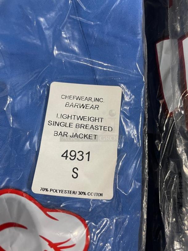 Brand new Chef Wear lightweight single-breasted bar jacket in blue, size small, made of 70% polyester, 30% cotton. 