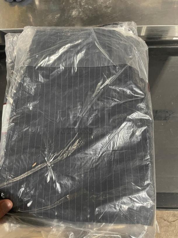 Brand new Chef Wear chef pants, size medium, in packaging. Black with white pinstripes. Quantity: 7 pairs.