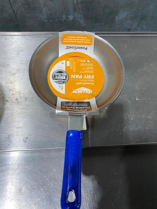 Vollrath Wear-Ever 8" Commercial Aluminum Fry Pan with PowerCoat2, new, blue grip handle, product label visible.