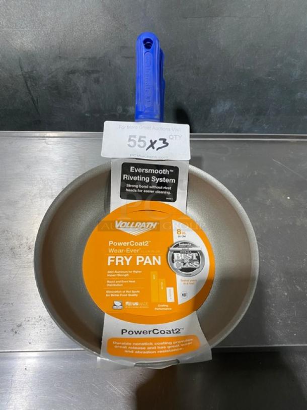 Brand new Vollrath Wear-Ever 8" round aluminum fry pan with PowerCoat2, blue grip handle, and Eversmooth rivet system.