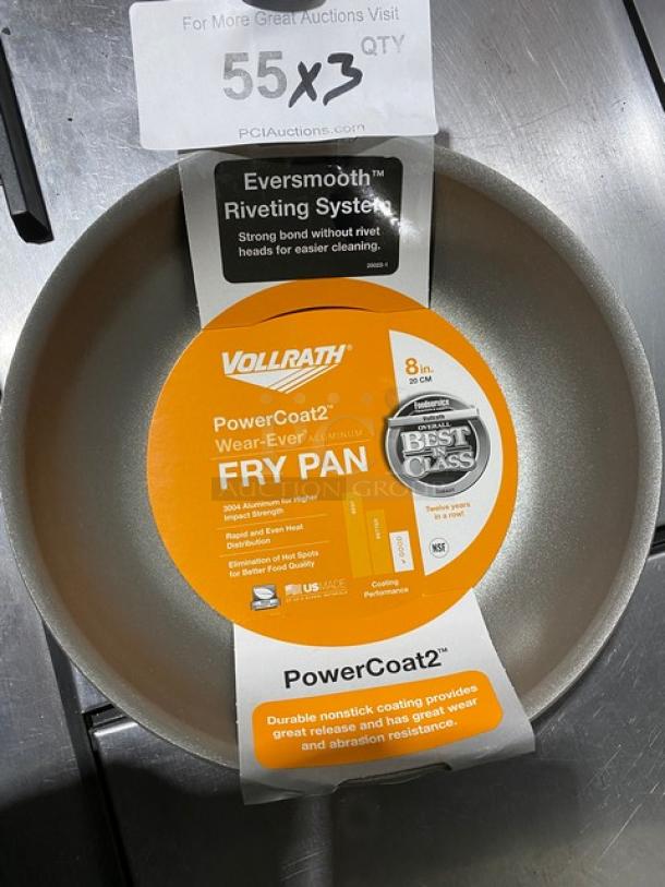 Brand new Vollrath Wear-Ever 8" round aluminum fry pan, features Power Coat 2, blue grip handle, and rivet system.