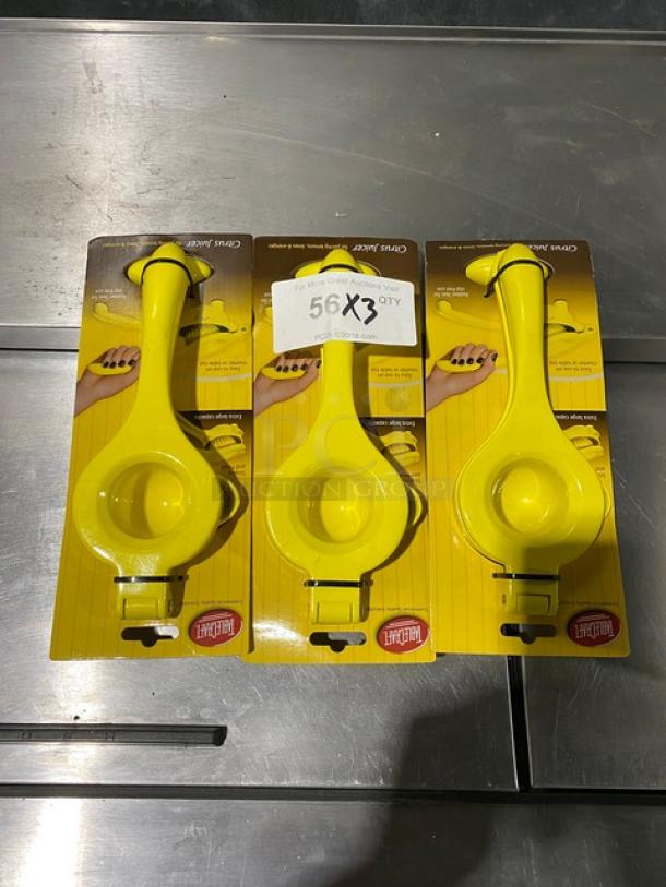 Brand new TableCraft V119 yellow handheld citrus juicers, set of three, in original packaging. Ideal for commercial use.