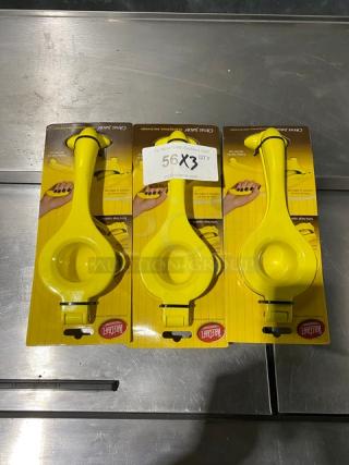 Brand new TableCraft V119 yellow handheld citrus juicers, set of three, in original packaging. Ideal for commercial use.