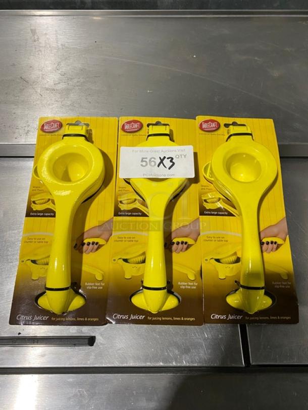 Brand new TableCraft V119 yellow handheld citrus juicer in packaging, set of three. Ideal for lemons, limes, and oranges.