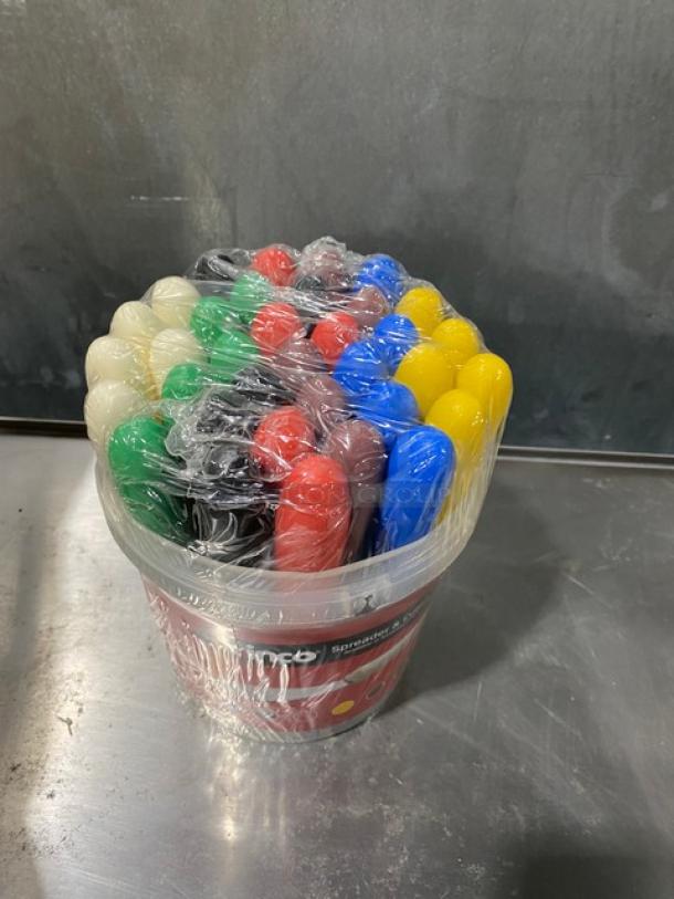 Brand new Winco TWP-3135 stainless steel butter spreaders, 35-piece set with assorted color grip handles, sealed package.