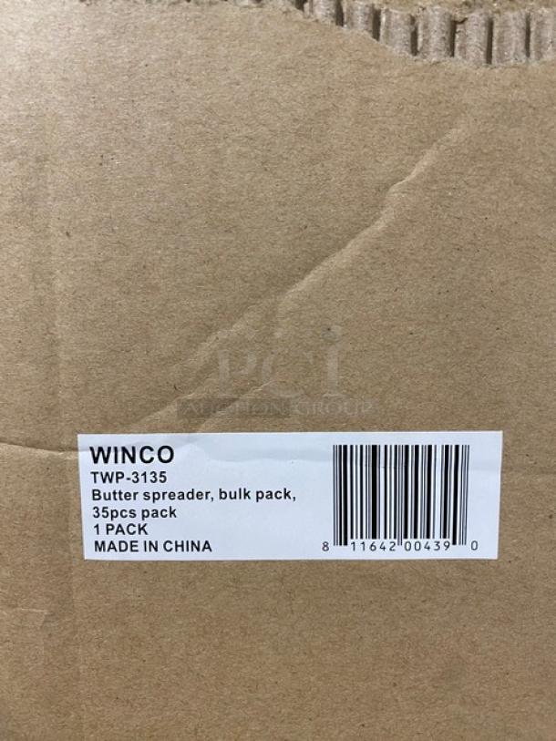 Winco TWP-3135 butter spreader, 35-piece set, assorted color handles, stainless steel, brand new, made in China, bulk pack.