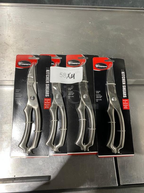 Brand new Winco Winware Series stainless steel kitchen shears, Model KS-03, in original packaging, set of four.