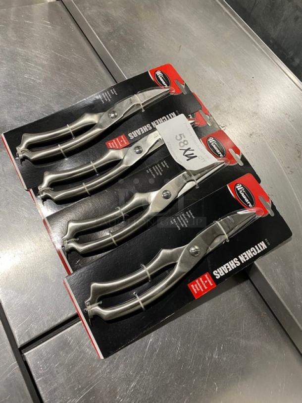 Brand new Winci Winware Series KS-03 stainless steel kitchen shears, sealed packaging, set of four.