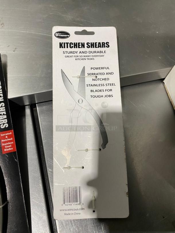 Brand new Winco Winware KS-03 stainless steel kitchen shears in packaging. Features serrated and notched blades. Model KS-03.