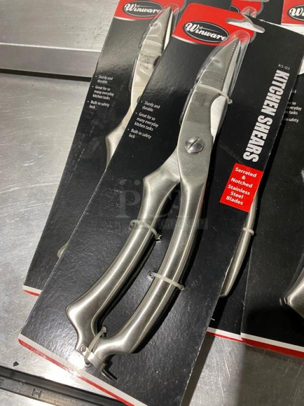 Brand new Winco Winware Series KS-03 kitchen shears, serrated notched stainless steel blades, in original packaging.