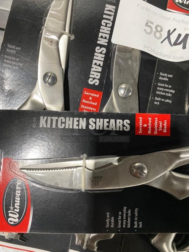 Brand new Winco Winware KS-03 kitchen shears. Stainless steel, serrated blades, built-in safety lock. In original packaging.