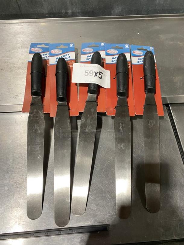 Winco Winware TKPS-9 stainless steel bakery spatula with black grip handle. Brand new, commercial quality, set of five.