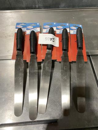 Winco Winware TKPS-9 stainless steel bakery spatula with black grip handle. Brand new, commercial quality, set of five.