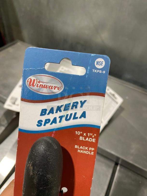 Winco Winware TKPS-9 bakery spatula, stainless steel blade, black grip handle, brand new with NSF certification tag.