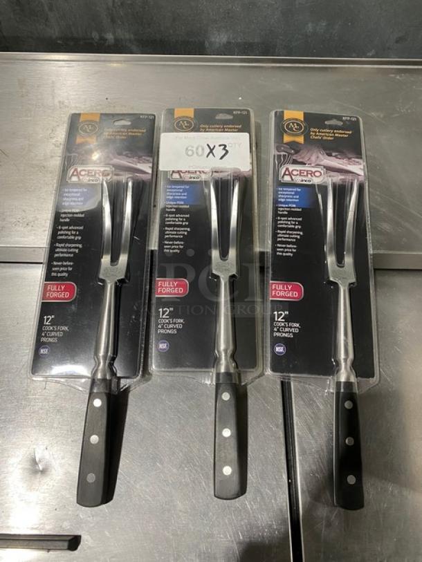 Winco Acero KFP-121 stainless steel 12" cook fork, black grip, in original packaging. Brand new condition.
