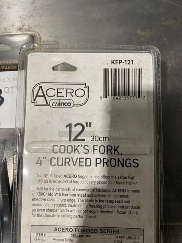 Winco Acero Series 12" stainless steel cook fork, model KFP-121, with black grip handle, new in packaging.
