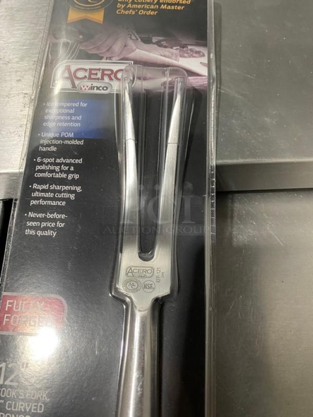 Winco Acero Series 12" Cook Fork, Model KFP-121, new in package. Stainless steel with black grip handle; tags detail quality features.