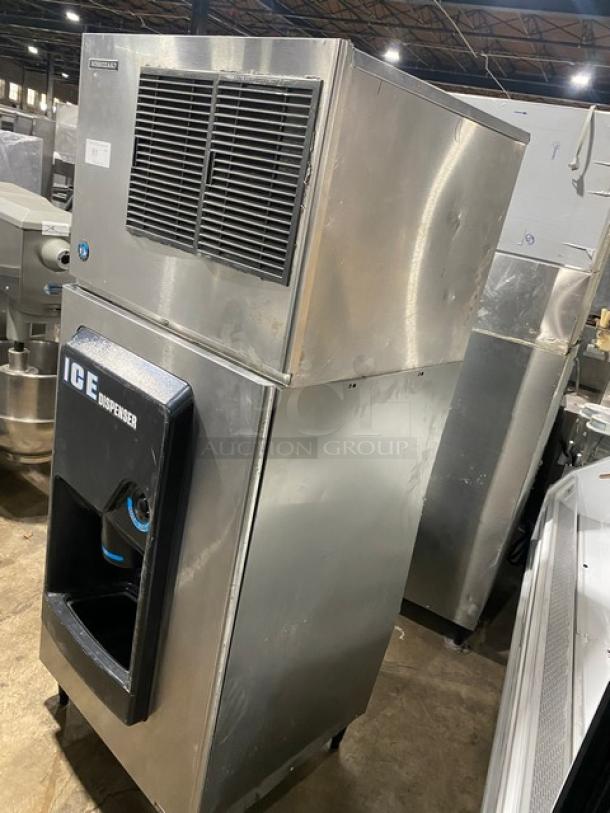 Hoshizaki KML-325MAJ ice dispenser in stainless steel. 115V, Phase 1. Features front vent and labeled "ICE Dispenser."