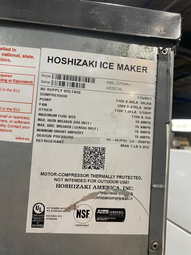 Hoshizaki ice dispenser, model KML-325MAJ, stainless steel, 115V, Phase 1, serial H03574L, label with specifications visible.
