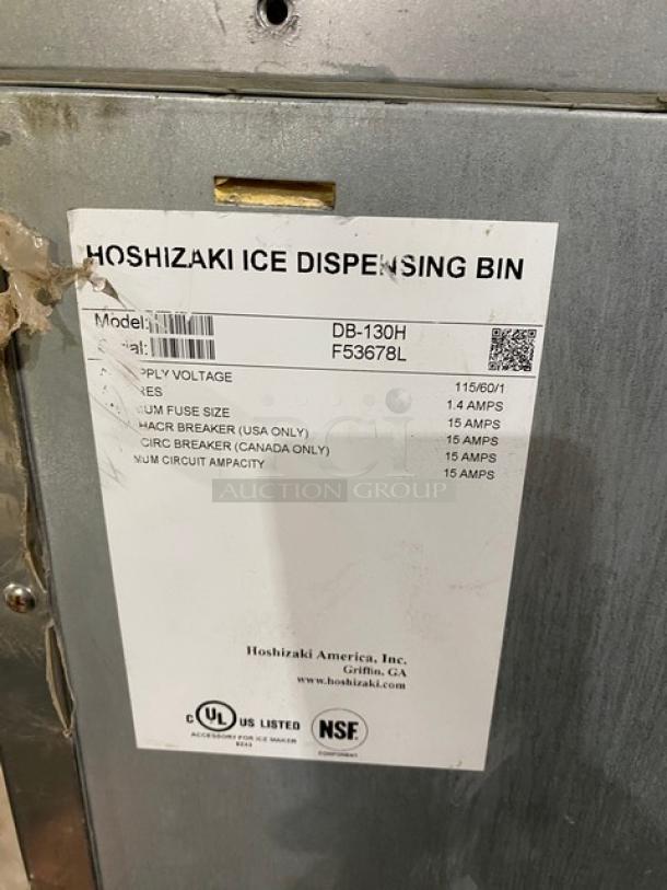 Hoshizaki KM-340MAH/DB-130H ice machine, stainless steel, push button, 115V, commercial use, model label shown.
