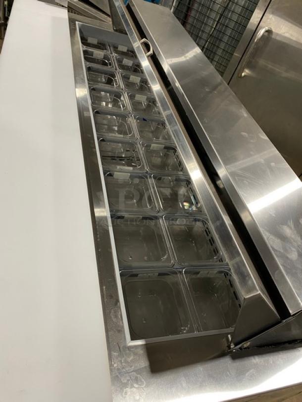 Asber APTS-72-18-HC refrigerated prep table with stainless steel body, cutting board, poly-coated racks, and food pans.