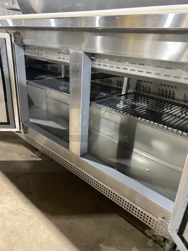 Asber 2021 3-door stainless steel prep table, model APTS-72-18-HC, with cutting board, wire racks, and food pans.