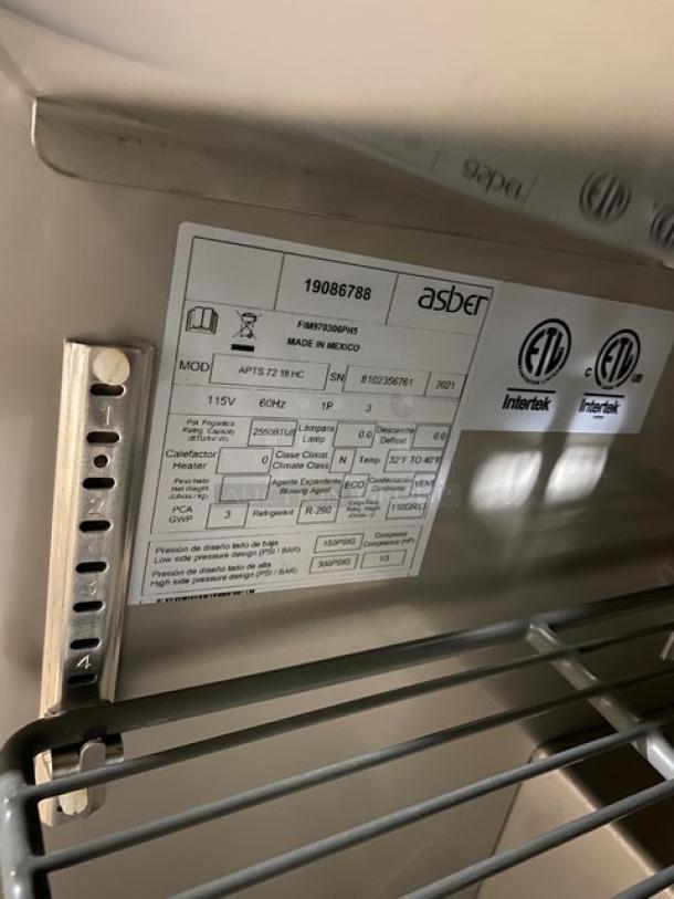 Asber Model APTS-72-18-HC stainless steel 3-door refrigerated prep table label, 2021, ETL certified, 115V, 1 phase.