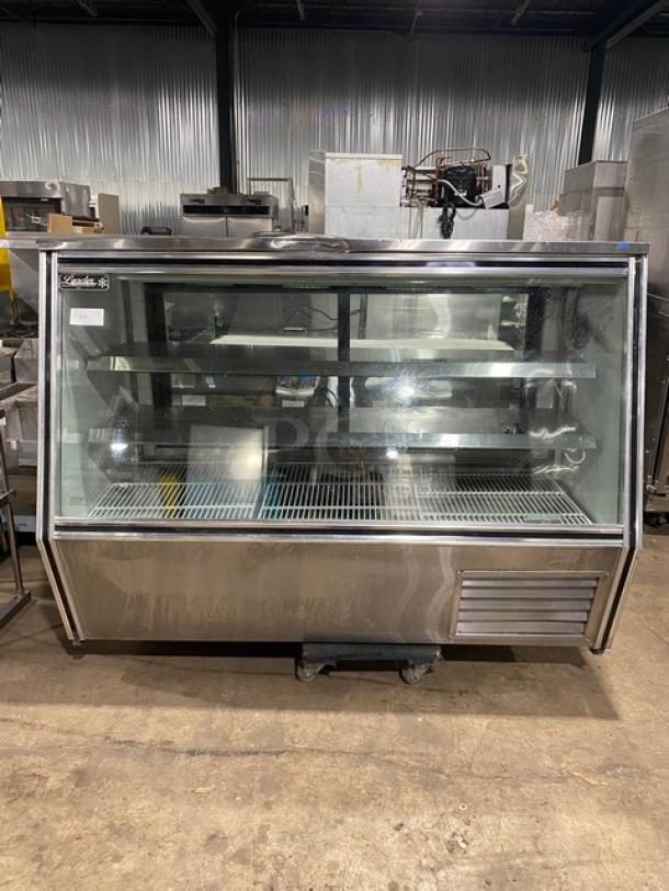 Leader HDL72FSC Refrigerated Deli/Seafood Display, 72" stainless steel, slanted glass, adjustable shelves, sliding doors, model 2017.