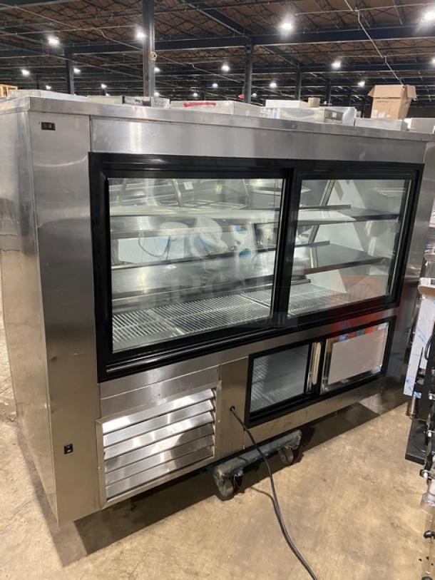 Leader 2017 stainless steel 72" deli/seafood merchandiser, model HDL72-F SC. Features sliding glass doors, adjustable shelving, poly coated wire racks, and rear storage compartment. In excellent condition.