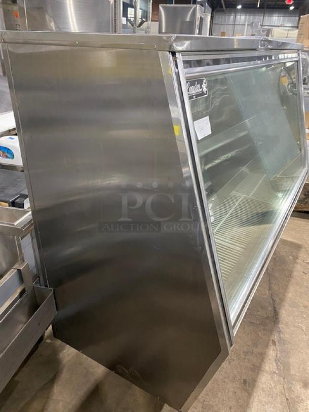 Leader HDL72FSC 72" stainless steel slanted glass refrigerated deli merchandiser with adjustable shelves, sliding doors.