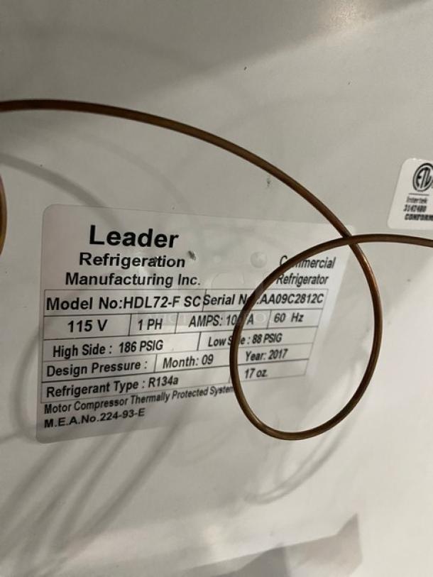 Leader 2017 Model HDL72-F SC refrigerated deli/seafood merchandiser label showing specifications: 115V, R134a refrigerant.