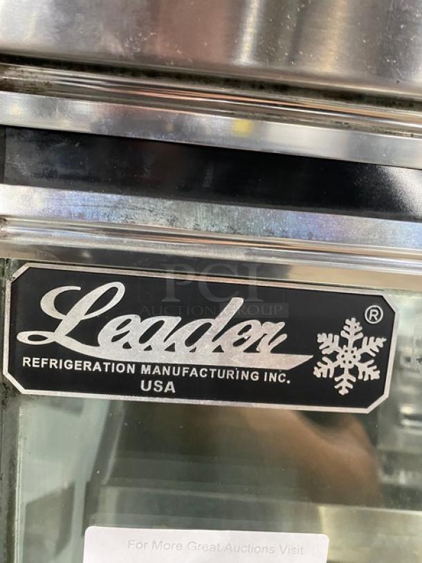 Leader HDL72FSC stainless steel refrigerated deli display, 72", slanted glass, adjustable shelving, sliding doors.