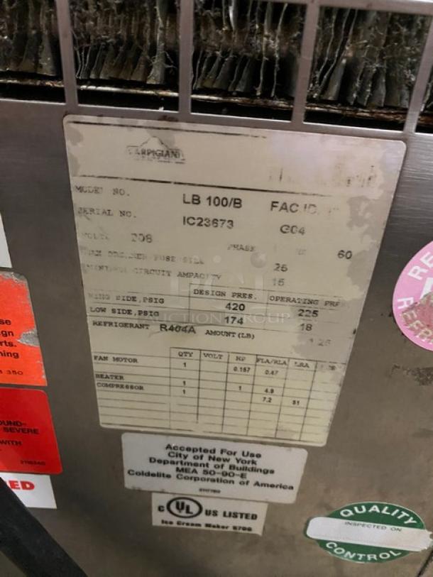 Carpigiani Lab 100B commercial stainless steel electric batch freezer label, model: LB100/B, SN: IC23673, 208V, 1 phase.