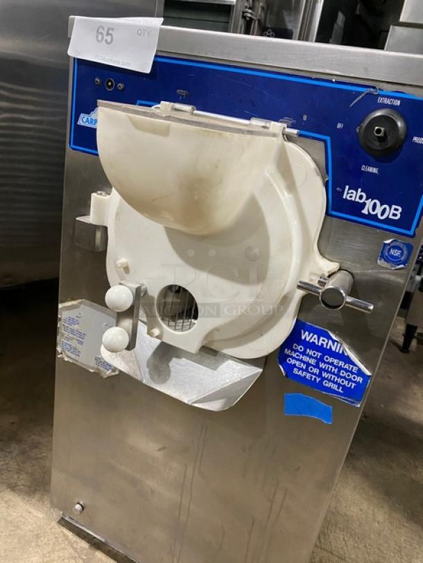Carpigiani Lab 100B ice cream batch freezer, stainless steel, electric, 4 qt, air-cooled, 208V, safety labels visible.