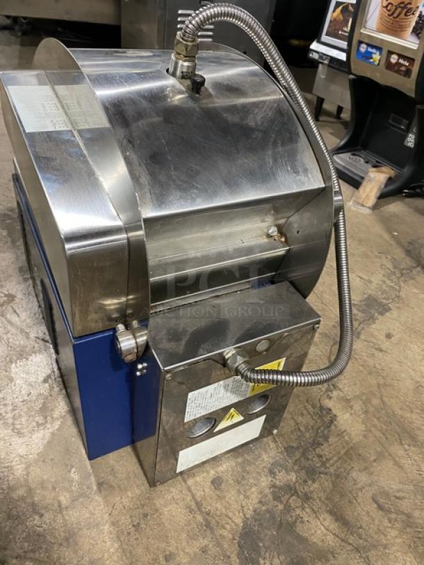 Electrolux 2015 stainless steel panini grill, model HSPPA1, countertop design, 208V 1 phase, on legs, visible hose connection.