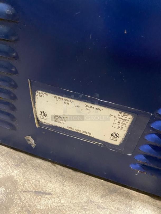 Electrolux 2015 Model HSPPA1 commercial stainless steel panini press with visible label. 208V, 1 phase, on legs.
