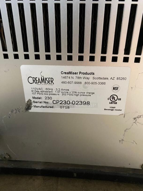 Creamiser Model 230 Cold Brew Dispenser; NSF certified, 110V, with drip tray. Serial: CP230-02398. Good condition.