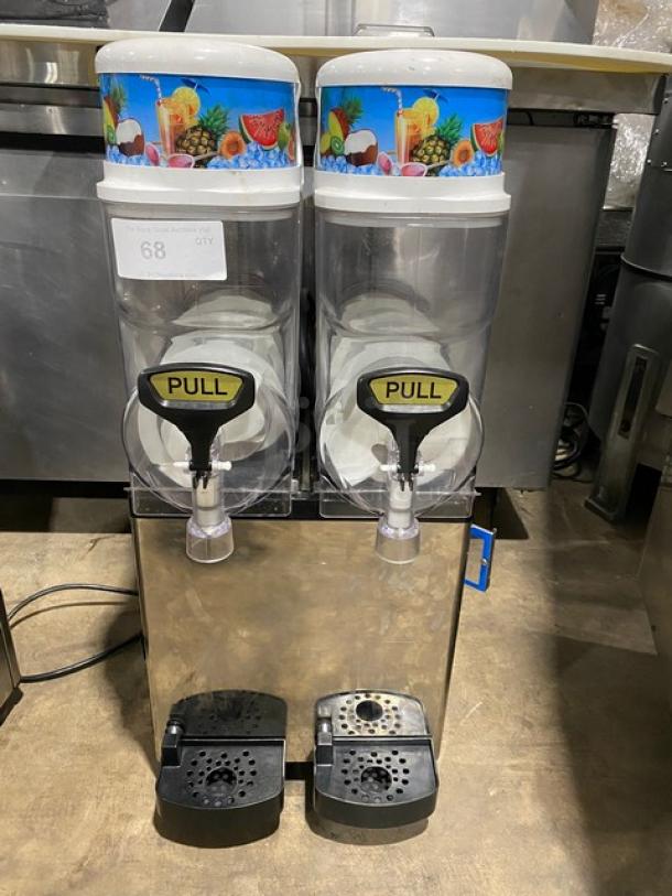 Icetro SSM280 slushy machine with twin clear polycarbonate hoppers, stainless steel body, drip tray, 115V electric.