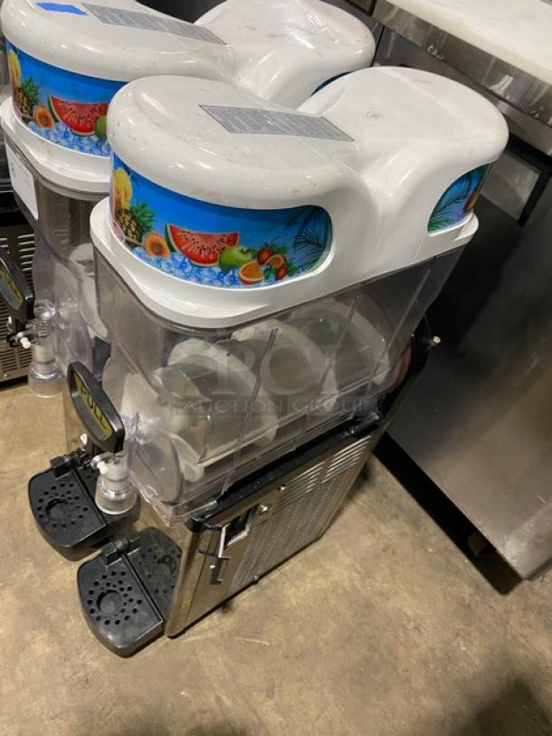Icetro SSM280 twin slushy machine, stainless steel, clear polycarbonate hoppers, drip tray, 115V, excellent condition.