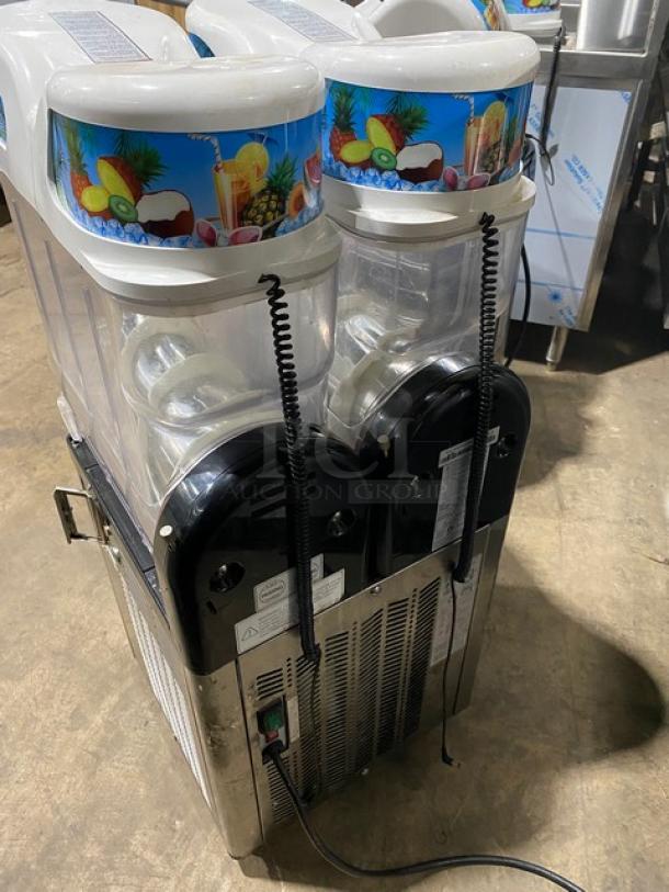 Icetro SSM280 twin slushy machine, stainless steel, countertop model with clear polycarbonate hoppers and drip tray, 115V.
