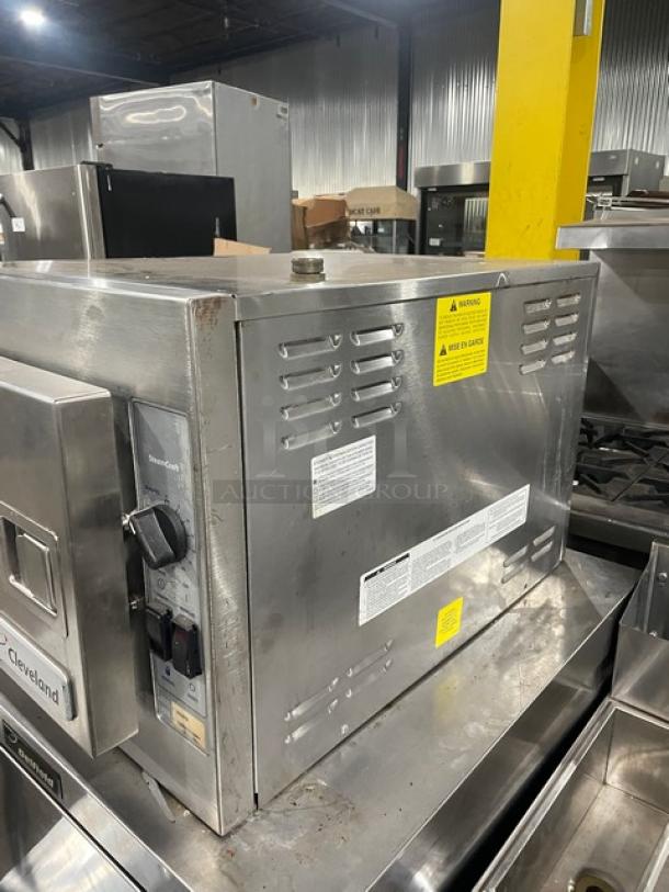 Cleveland Range 21CET8 commercial stainless steel electric countertop convection steamer, 3-pan capacity, with pan rack, 208V 3-phase.